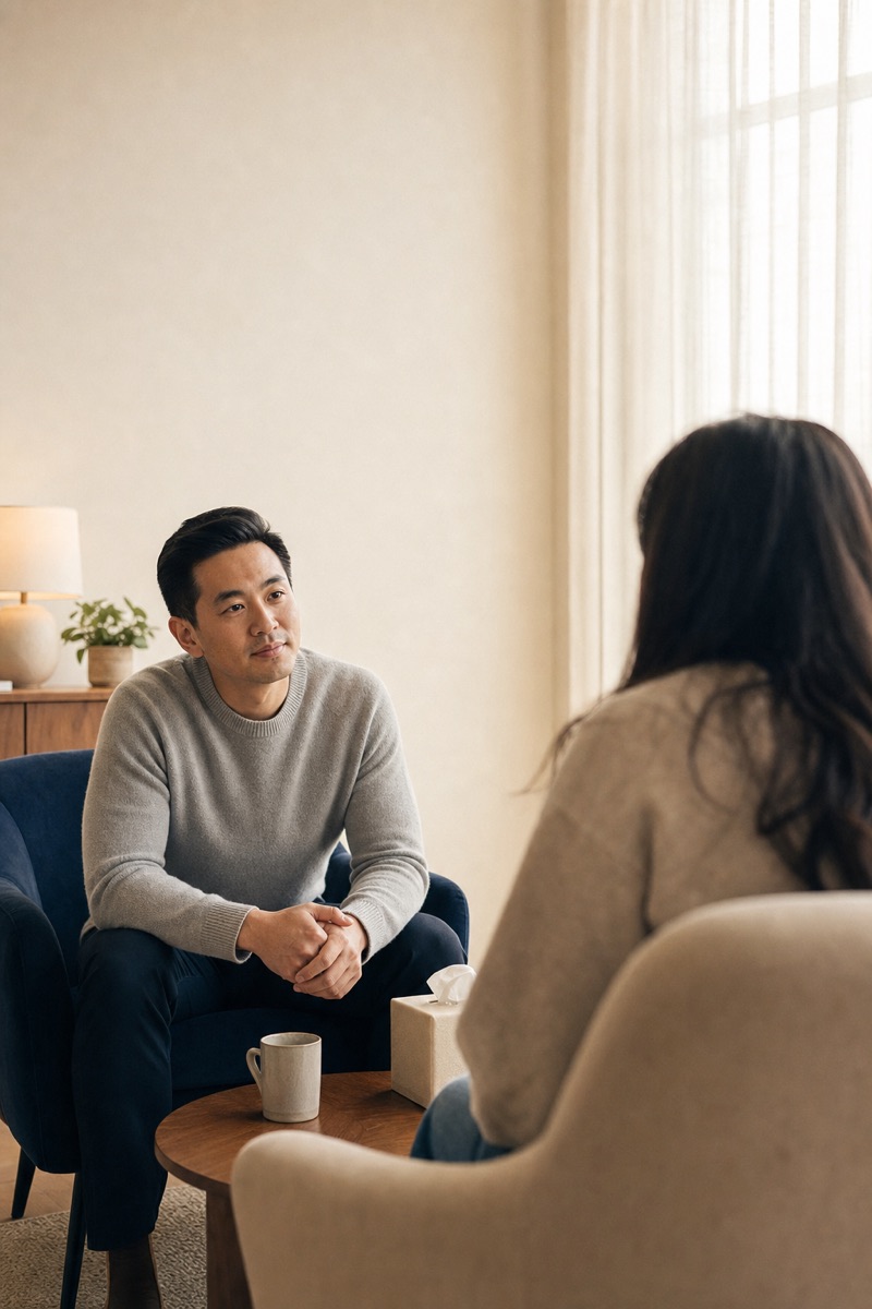 A clinician listening closely to a patient in a calm, sunlit consultation room