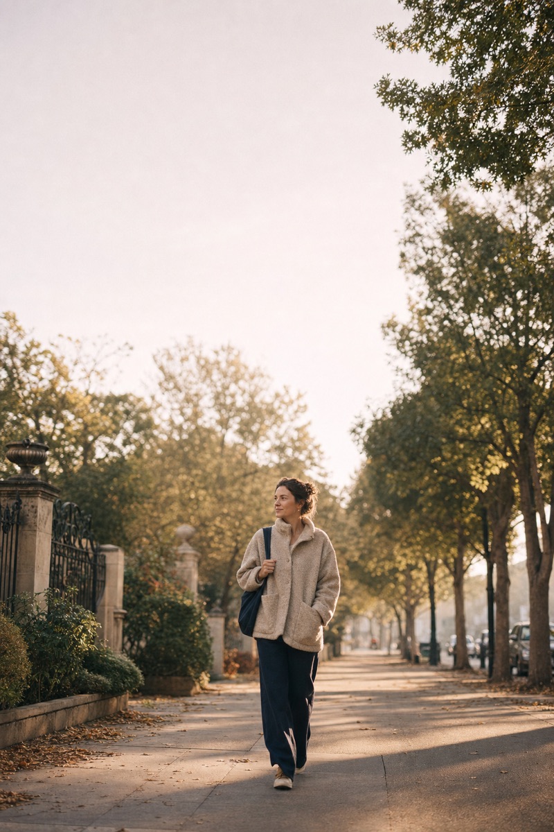 A woman walking a quiet, tree-lined path in soft early-morning light