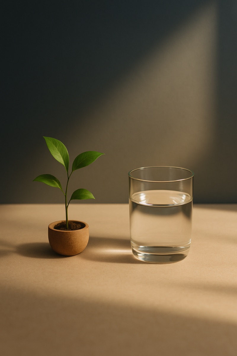 A small plant and a glass of water on a warm neutral surface in soft light