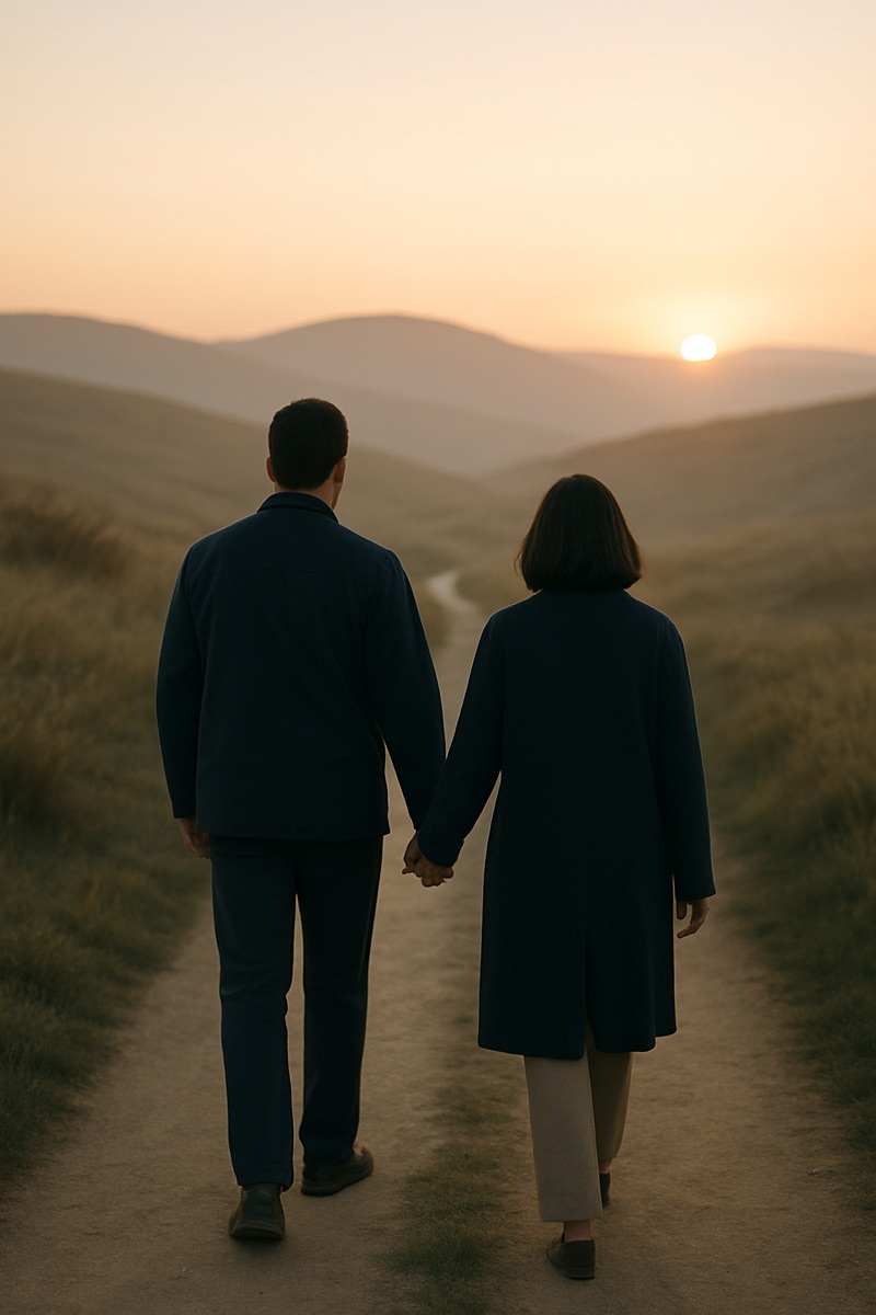 Two people seen from behind, holding hands and walking a path toward the sunrise