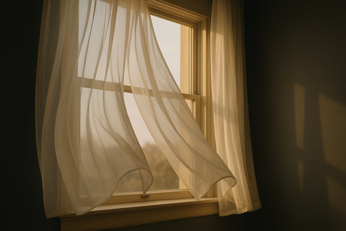 Soft sheer curtains drifting at an open window in gentle morning light.
