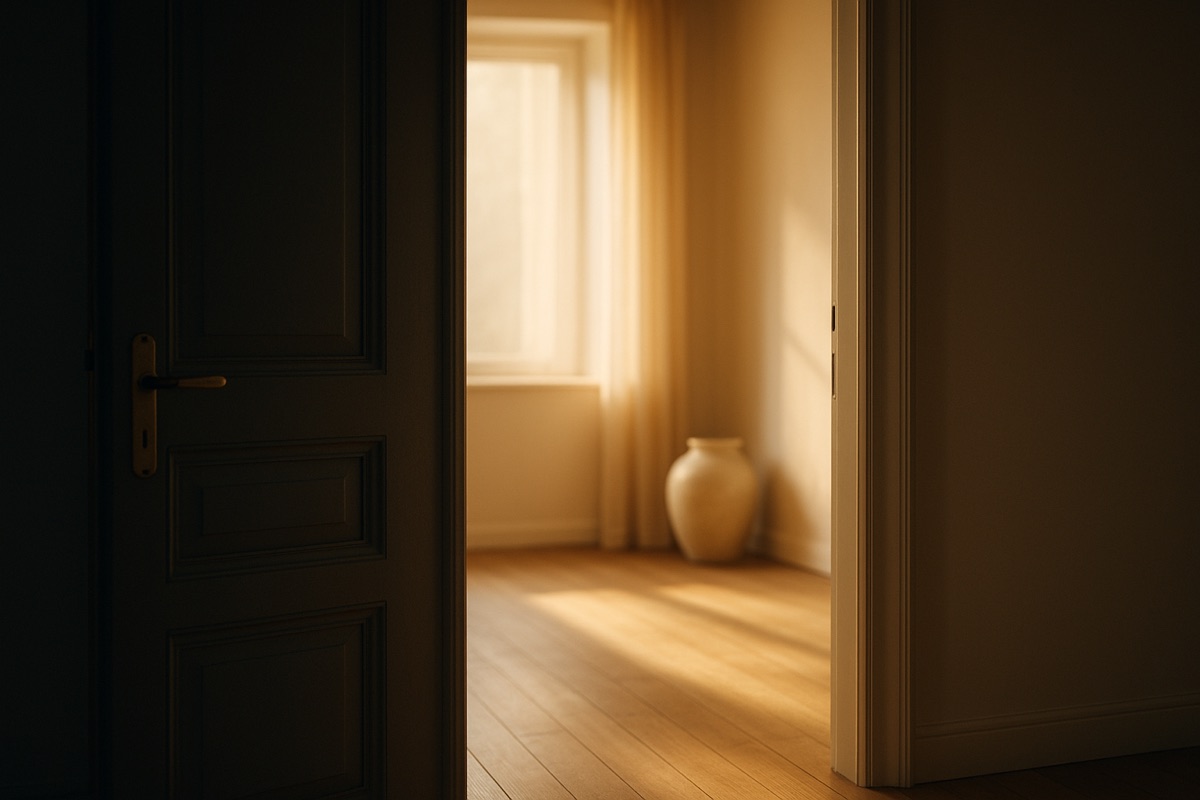 An open doorway into a bright, calm room with soft morning light.