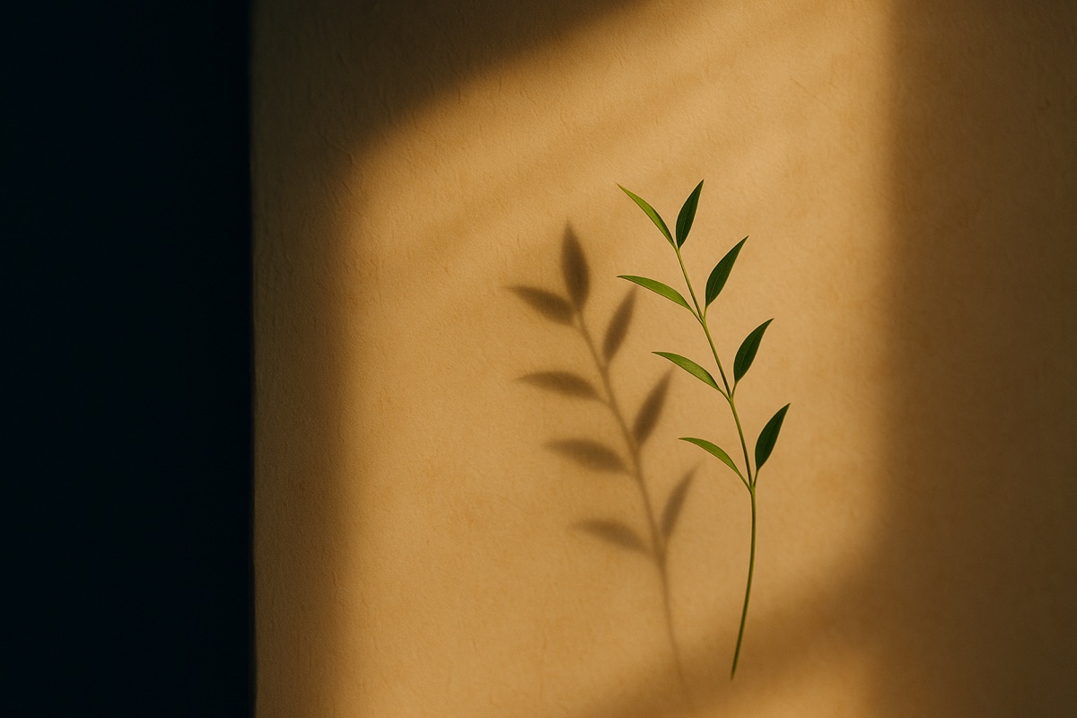 A single green branch casting a soft shadow on a warm wall in golden light.