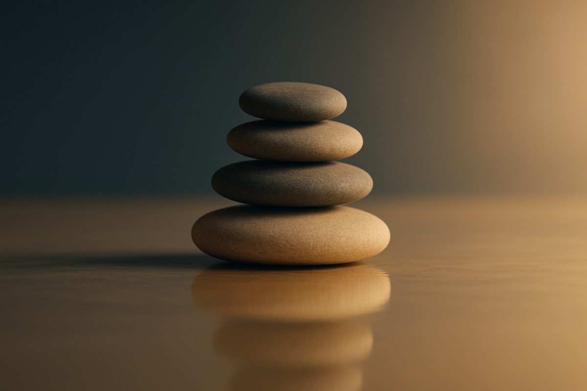 Smooth stones balanced in quiet order in soft warm light.