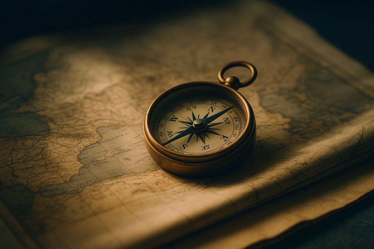 A brass compass resting on an old map in warm directional light.
