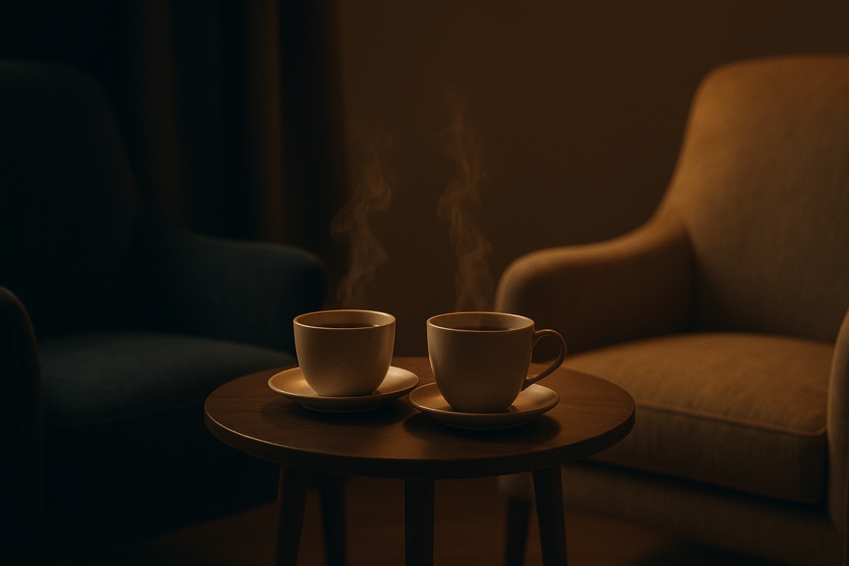 Two cups of tea steaming on a table between soft armchairs in warm light.