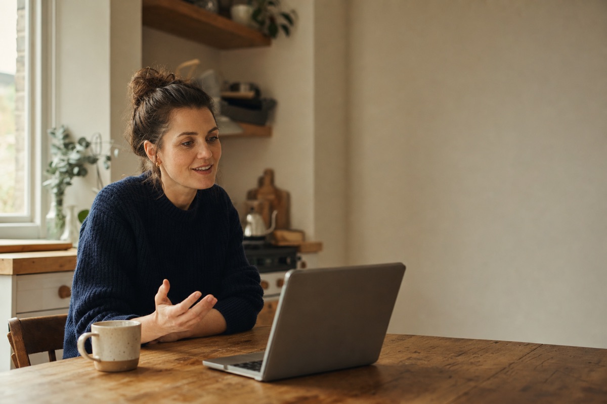 A woman at her kitchen table mid-conversation during a telehealth appointment on her laptop.