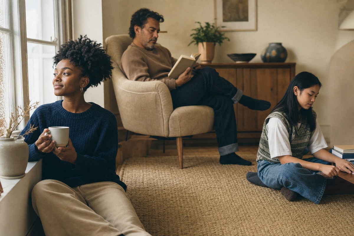 Three people of different ages and backgrounds sharing a warm, sunlit living room, each in a quiet moment of their own.