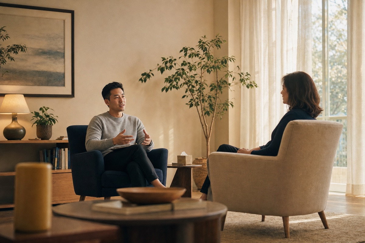 A psychiatrist and a patient talking in a calm, sunlit room.