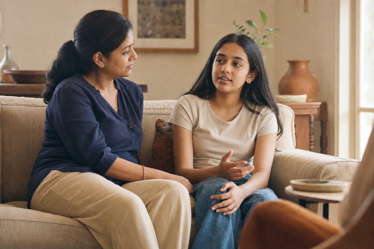 A mother and her teenage daughter sitting together on a sofa during a family session.