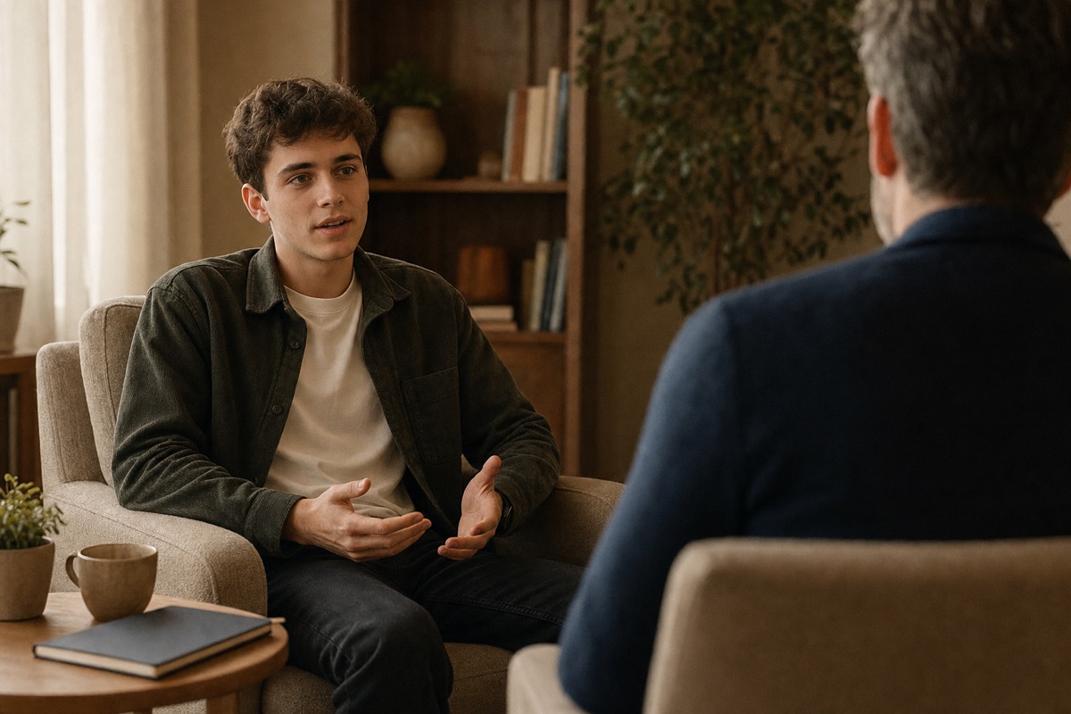 A young man mid-sentence in a therapy session, sitting across from his therapist in a warm, softly lit room.